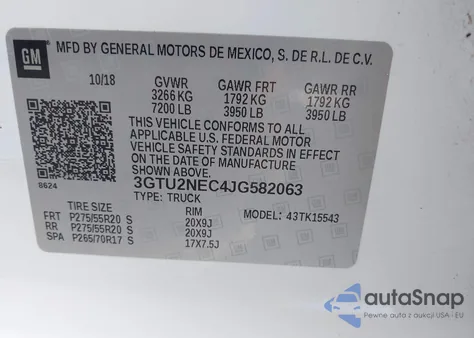 2018 GMC Sierra 1500 Slt z USA, uszkodzony, nr VIN 3GTU2NEC4JG582063